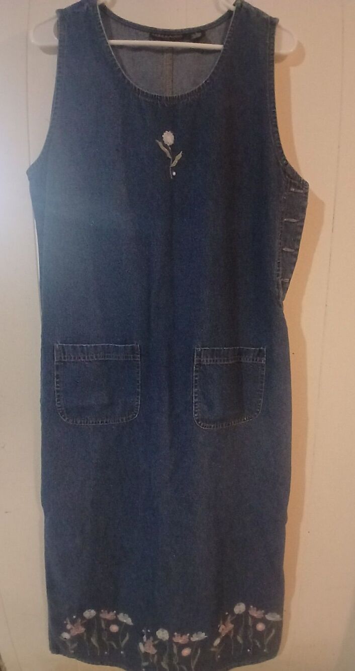 Vintage Denim Dress Embroidered Flowers Maxi Jumper Size M Y2K Cottage